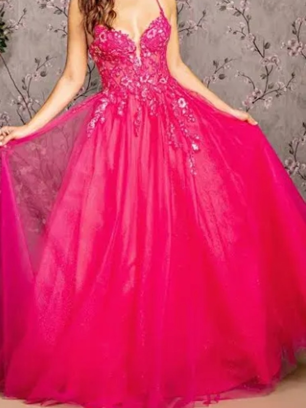 GLS Collective Hot Pink Lace-Appliqué Tulle Ball Gown